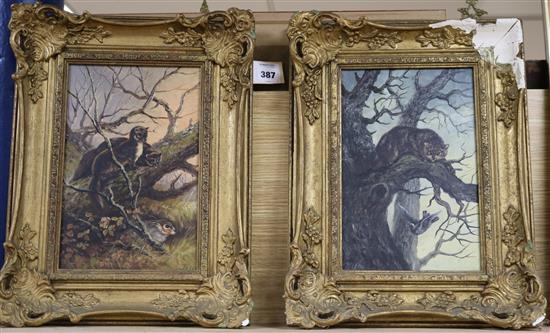 DH 1899, pair of oils on canvas, Pine Martins and Wild Cat, 29 x 19cm